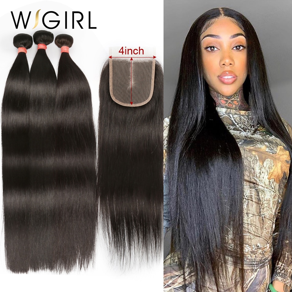 Wigirl Straight 28 30 32 40 인치 3 4 페루 헤어 위브 번들 (4X4 레이스 클로저 포함) Remy Human Hair Frontal Weaves